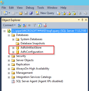 SSMS showing the two ADFS databases