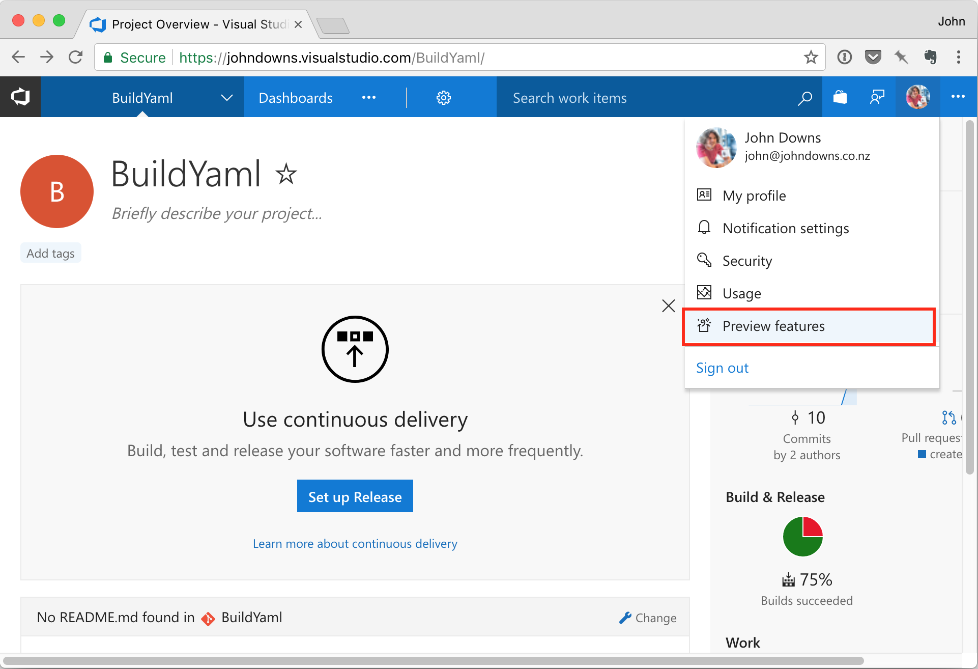 VSTS Preview Features option