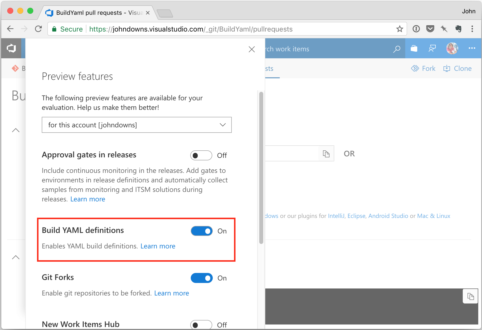 Enable Build YAML Definitions feature in VSTS
