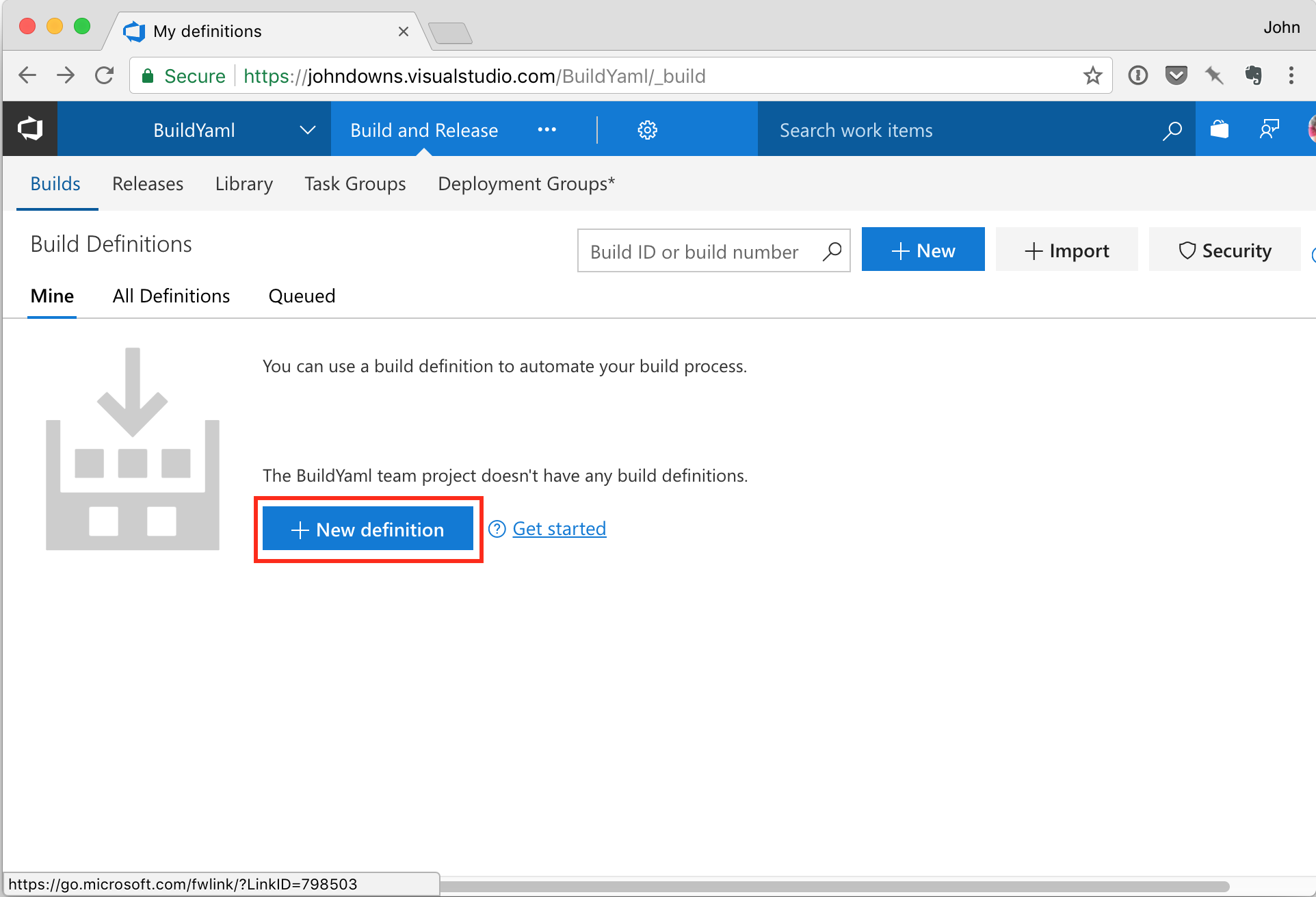 Create new build definition in VSTS