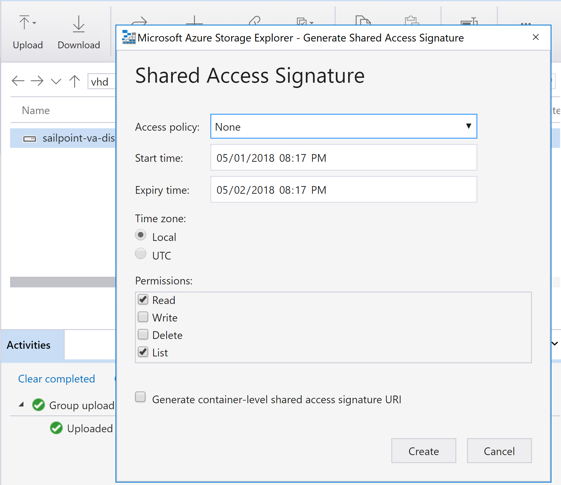 Right Click - Get Shared Access Signature