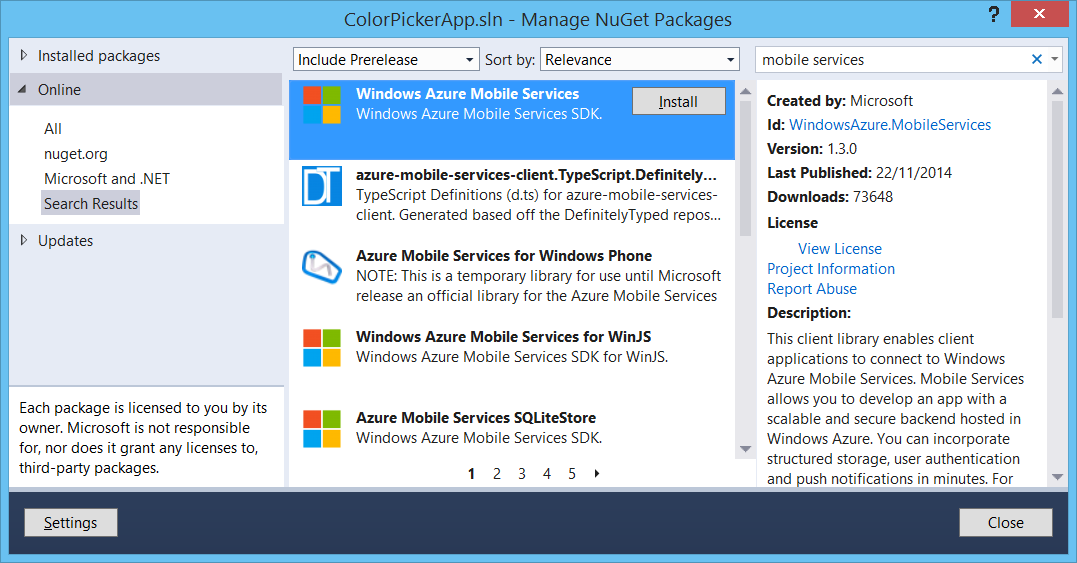 Install Mobile Services NuGet