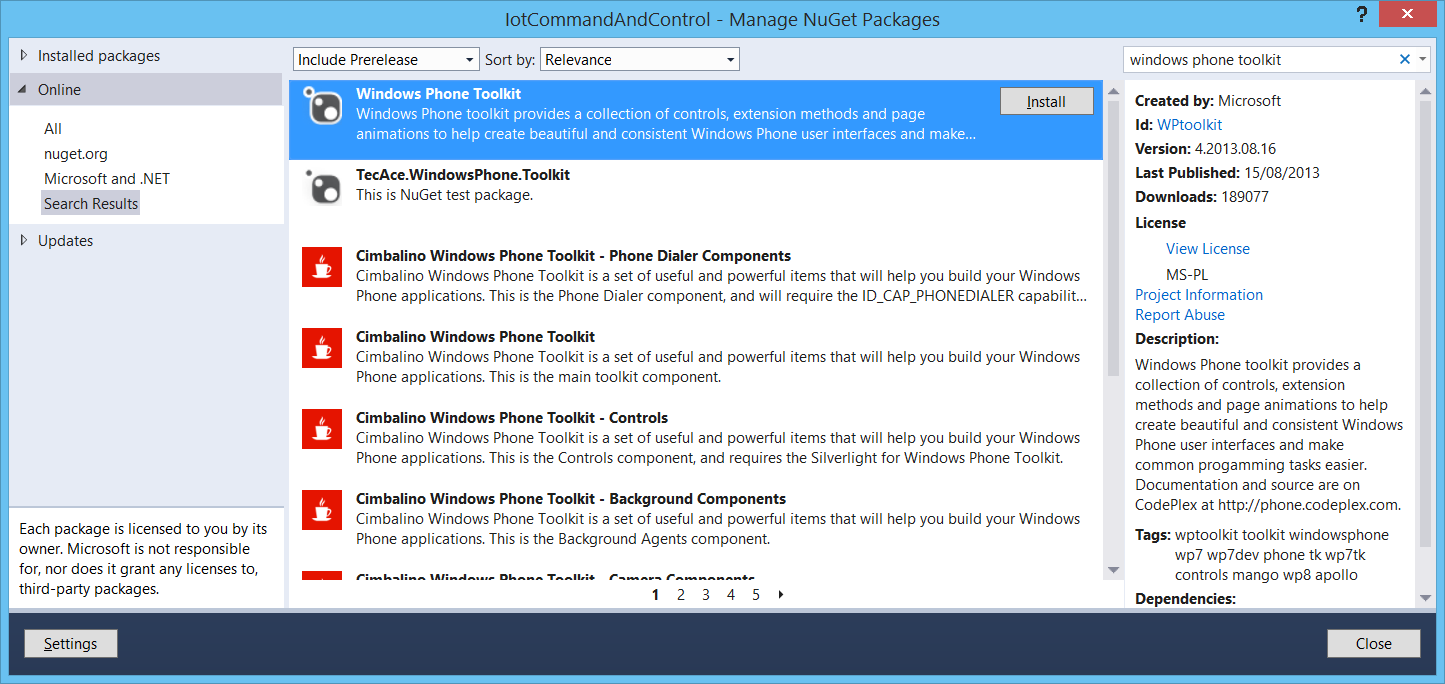 Install Windows Phone Toolkit Nuget